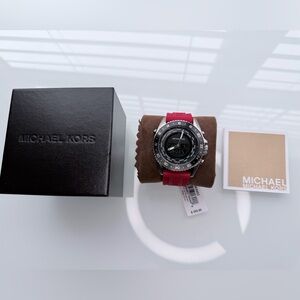 NWT Michael Kors JetMaster Red Strap Silver Buckle Watch MK8402